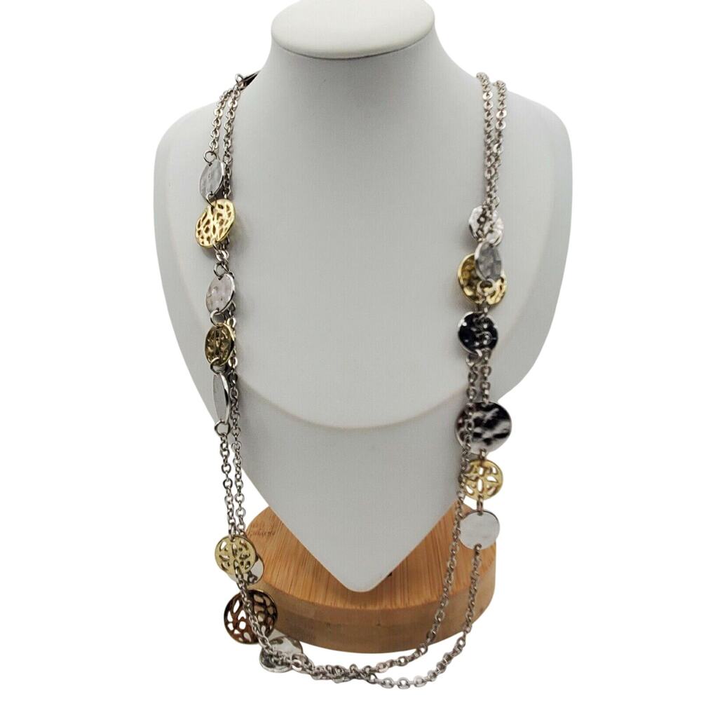 Silver & Gold Tone Double Chain Necklace Retro Long Hammered Disc Layered Y2K
